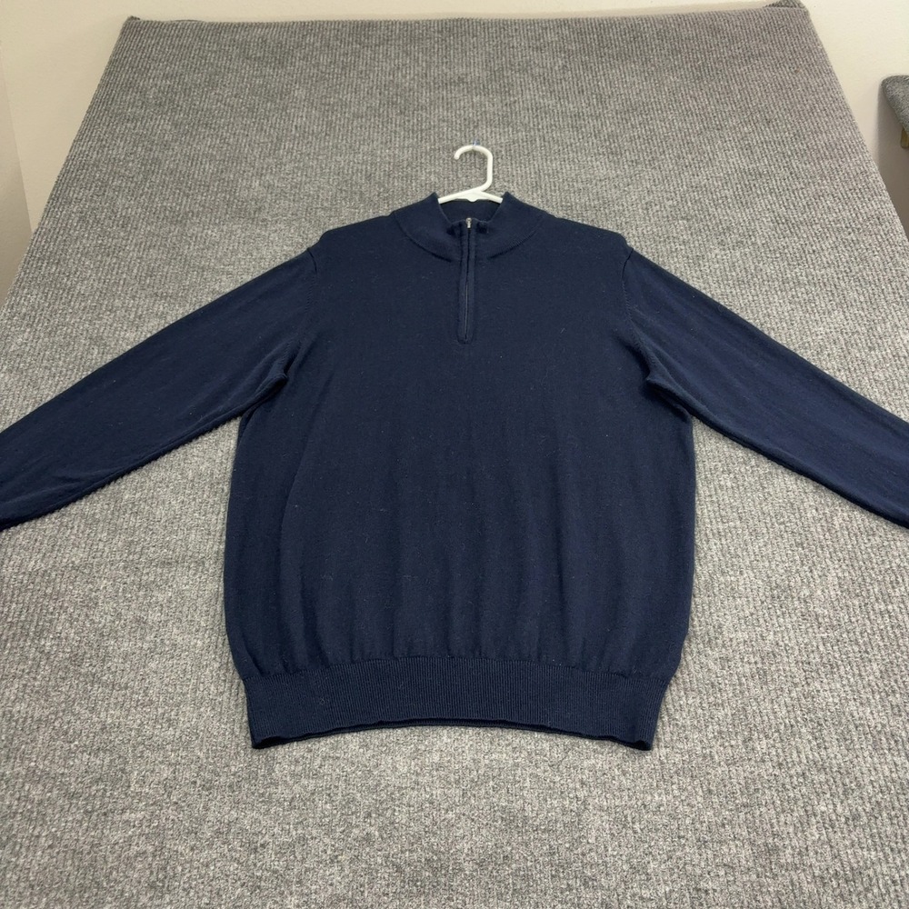 LL Bean Sweater Mens M Blue Cotton Cashmere Quarter Zip Classic Casual